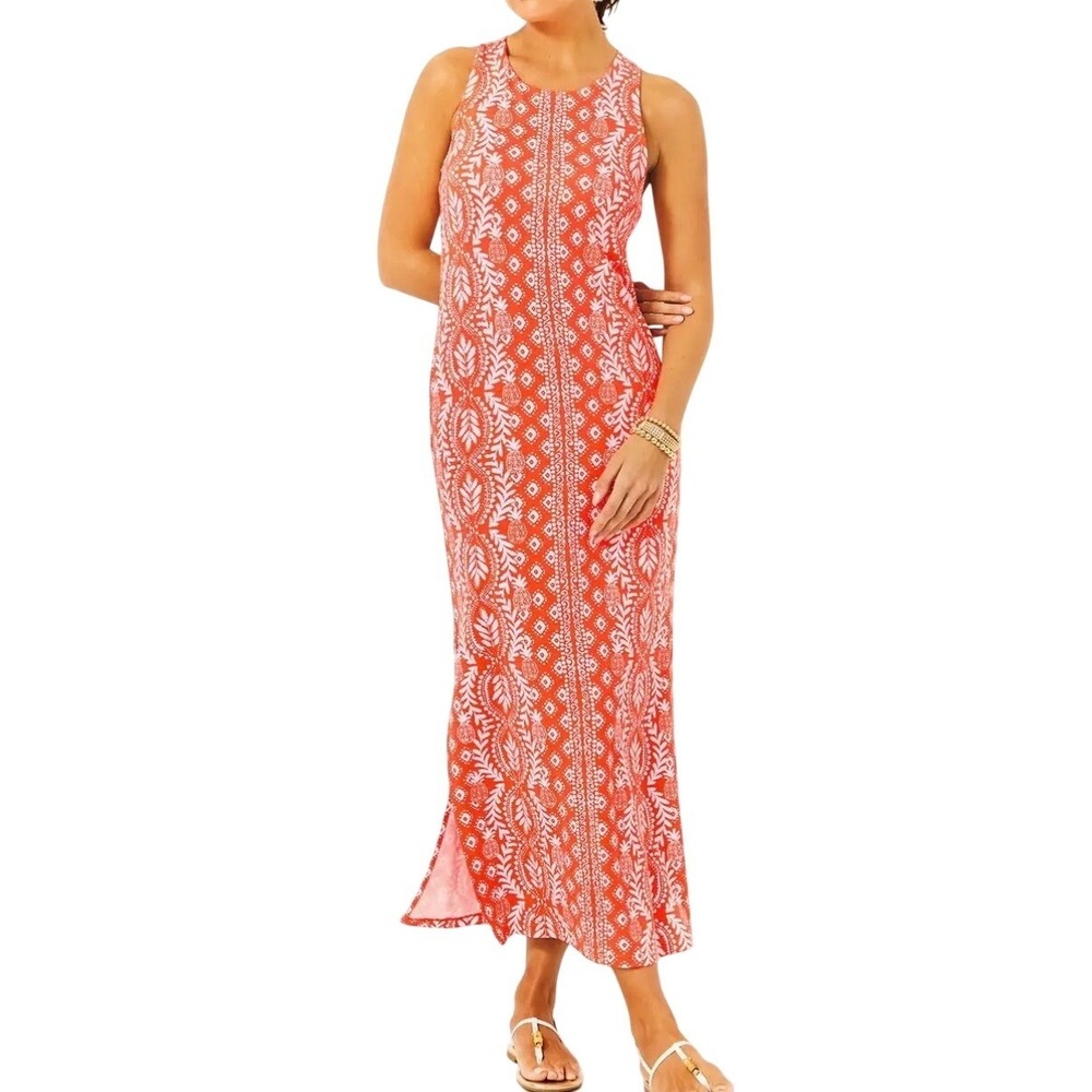 Lilly Pulitzer Ulla Maxi Dress Orange Flamingo Feather Harbour View Print M NEW